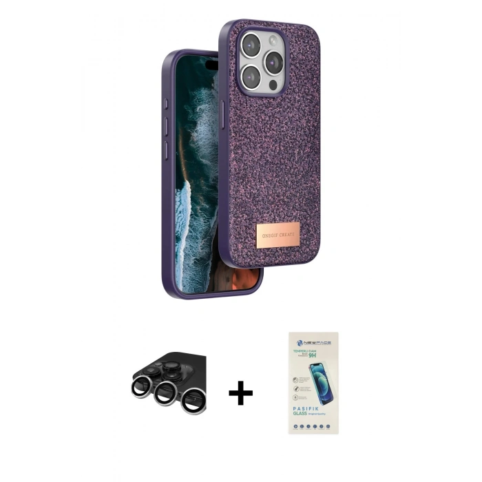 MARSİLYAN™- iPhone 15 Pro Kılıf Vadi Klasik Serisi - Şeffaf Pasifik Cam Ekran Koruyucu + Raze Metal Kamera Lens - GS