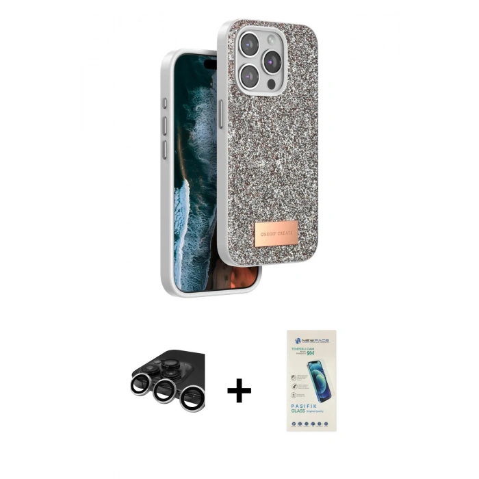 MARSİLYAN™- iPhone 15 Pro Kılıf Vadi Klasik Serisi - Şeffaf Pasifik Cam Ekran Koruyucu + Raze Metal Kamera Lens - GS