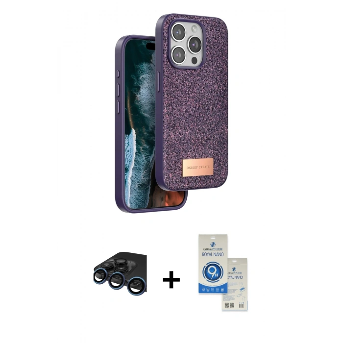MARSİLYAN™- iPhone 15 Pro Kılıf Vadi Klasik Serisi - Şeffaf Royal Nano Ekran Koruyucu + Raze Metal Kamera Lens - LT