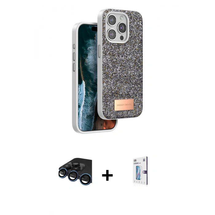 MARSİLYAN™- iPhone 15 Pro Kılıf Vadi Klasik Serisi - Siyah Bilvis 0.18mm Plus Cam Ekran Koruyucu + Raze Metal Kamera Lens - LT