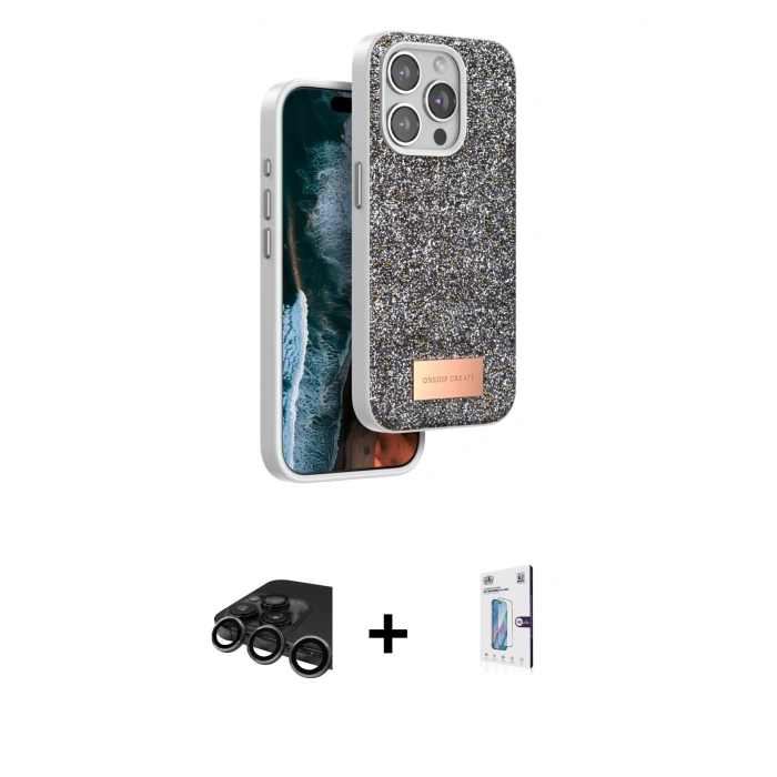 MARSİLYAN™- iPhone 15 Pro Kılıf Vadi Klasik Serisi - Siyah Bilvis 0.18mm Plus Cam Ekran Koruyucu + Raze Metal Kamera Lens - TMGI