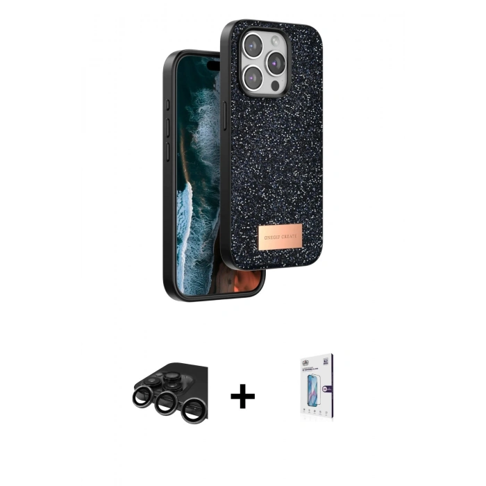 MARSİLYAN™- iPhone 15 Pro Kılıf Vadi Klasik Serisi - Siyah Bilvis 0.18mm Plus Cam Ekran Koruyucu + Raze Metal Kamera Lens - TMGI