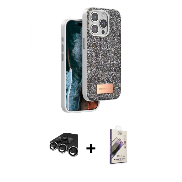 MARSİLYAN™- iPhone 15 Pro Kılıf Vadi Klasik Serisi - Siyah Bilvis 3D Mat Cam Ekran Koruyucu + Raze Metal Kamera Lens - GS