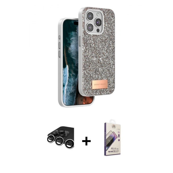 MARSİLYAN™- iPhone 15 Pro Kılıf Vadi Klasik Serisi - Siyah Bilvis 3D Mat Cam Ekran Koruyucu + Raze Metal Kamera Lens - GS