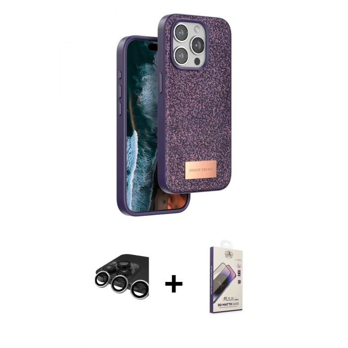 MARSİLYAN™- iPhone 15 Pro Kılıf Vadi Klasik Serisi - Siyah Bilvis 3D Mat Cam Ekran Koruyucu + Raze Metal Kamera Lens - GS