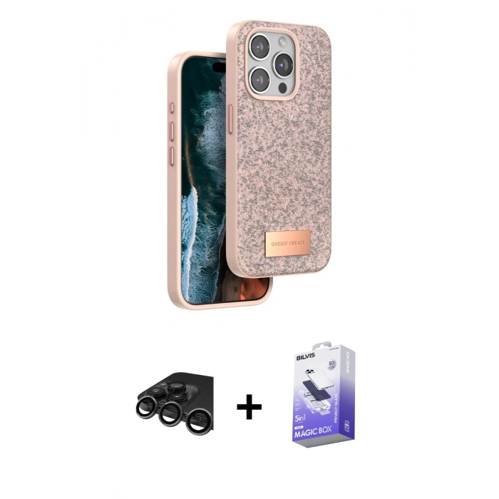 MARSİLYAN™- iPhone 15 Pro Kılıf Vadi Klasik Serisi - Siyah Bilvis 5in1 5D Magic Hayalet Cam Ekran Koruyucu + Raze Metal Kamera Lens - TMGI