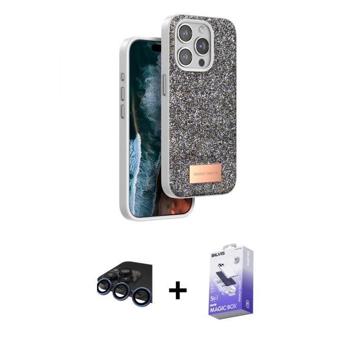 MARSİLYAN™- iPhone 15 Pro Kılıf Vadi Klasik Serisi - Siyah Bilvis 5in1 5D Magic Hayalet Cam Ekran Koruyucu + Raze Metal Kamera Lens - LT