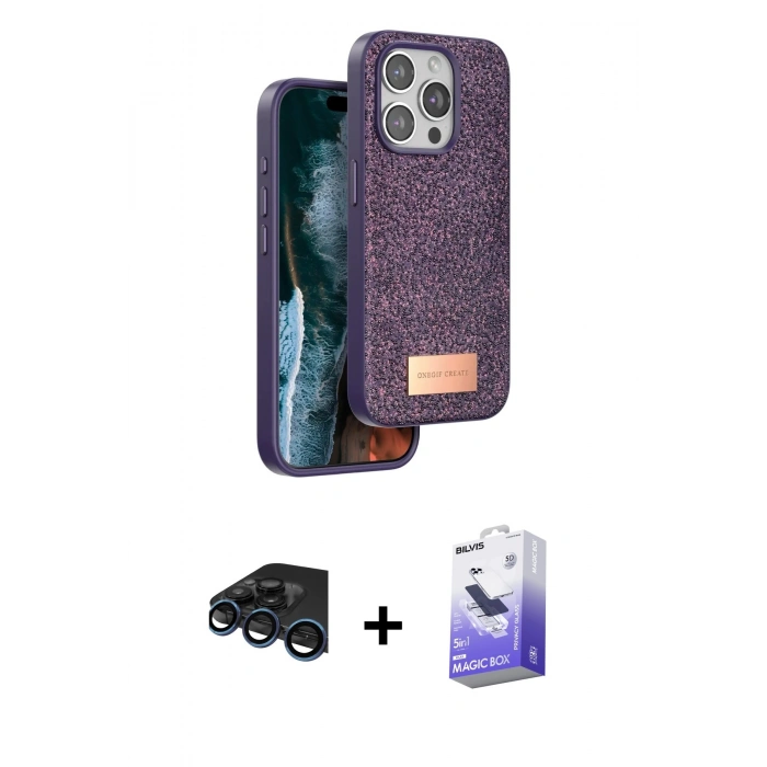 MARSİLYAN™- iPhone 15 Pro Kılıf Vadi Klasik Serisi - Siyah Bilvis 5in1 5D Magic Hayalet Cam Ekran Koruyucu + Raze Metal Kamera Lens - LT