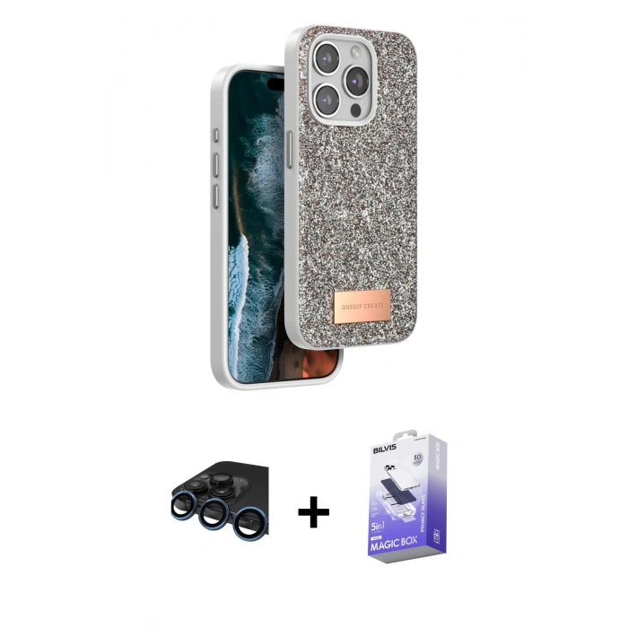 MARSİLYAN™- iPhone 15 Pro Kılıf Vadi Klasik Serisi - Siyah Bilvis 5in1 5D Magic Hayalet Cam Ekran Koruyucu + Raze Metal Kamera Lens - LT