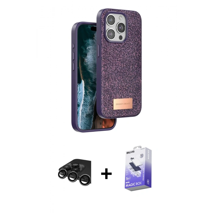 MARSİLYAN™- iPhone 15 Pro Kılıf Vadi Klasik Serisi - Siyah Bilvis 5in1 5D Magic Hayalet Cam Ekran Koruyucu + Raze Metal Kamera Lens - TMGI