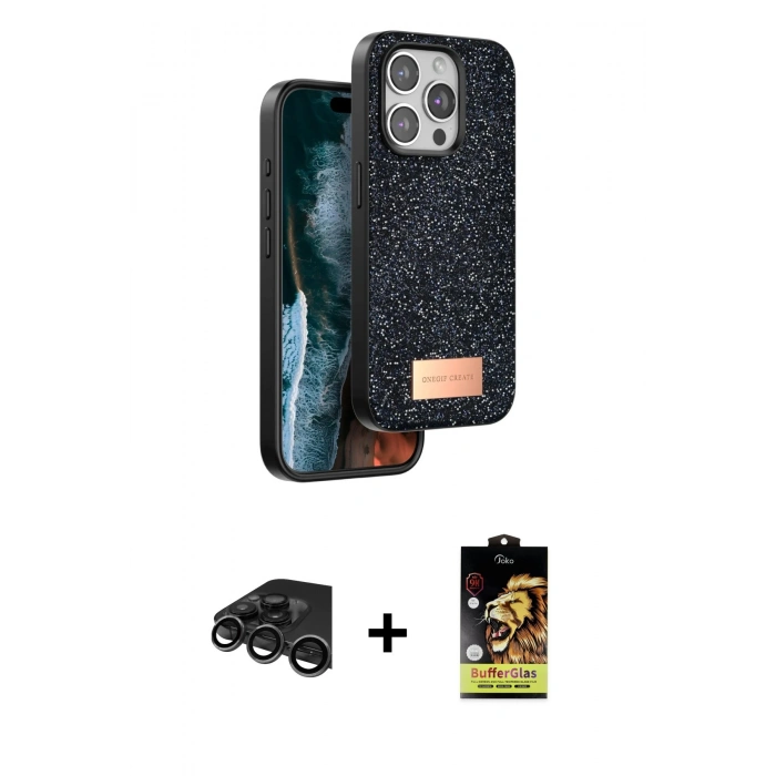 MARSİLYAN™- iPhone 15 Pro Kılıf Vadi Klasik Serisi - Siyah Buffer Cam Ekran Koruyucu + Raze Metal Kamera Lens - TMGI