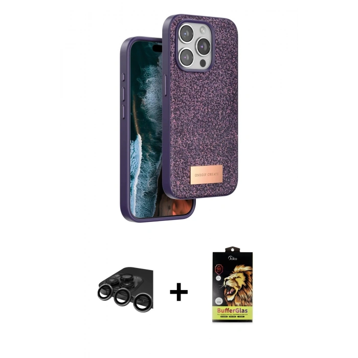 MARSİLYAN™- iPhone 15 Pro Kılıf Vadi Klasik Serisi - Siyah Buffer Cam Ekran Koruyucu + Raze Metal Kamera Lens - TMGI