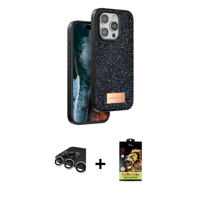 MARSİLYAN™- iPhone 15 Pro Kılıf Vadi Klasik Serisi - Siyah Buffer Cam Ekran Koruyucu + Raze Metal Kamera Lens - GS
