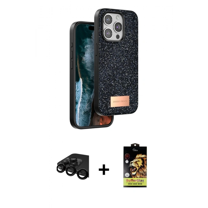 MARSİLYAN™- iPhone 15 Pro Kılıf Vadi Klasik Serisi - Siyah Buffer Cam Ekran Koruyucu + Raze Metal Kamera Lens - SH
