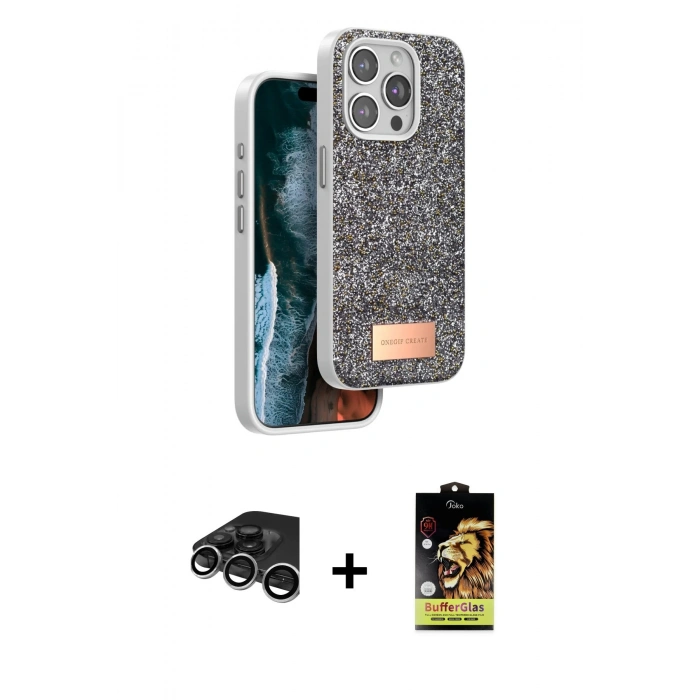 MARSİLYAN™- iPhone 15 Pro Kılıf Vadi Klasik Serisi - Siyah Buffer Cam Ekran Koruyucu + Raze Metal Kamera Lens - GS