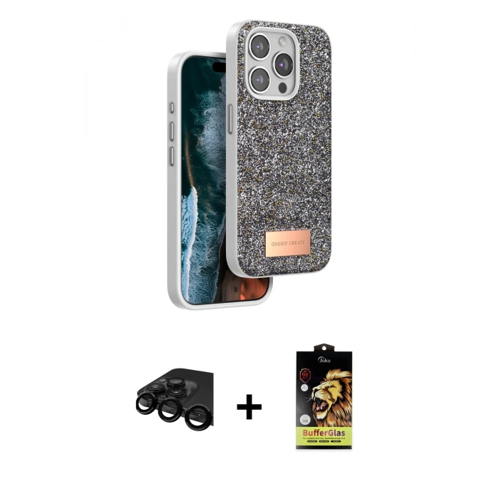 MARSİLYAN™- iPhone 15 Pro Kılıf Vadi Klasik Serisi - Siyah Buffer Cam Ekran Koruyucu + Raze Metal Kamera Lens - SH