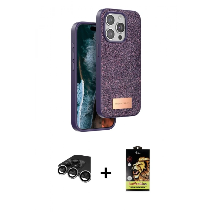 MARSİLYAN™- iPhone 15 Pro Kılıf Vadi Klasik Serisi - Siyah Buffer Cam Ekran Koruyucu + Raze Metal Kamera Lens - GS