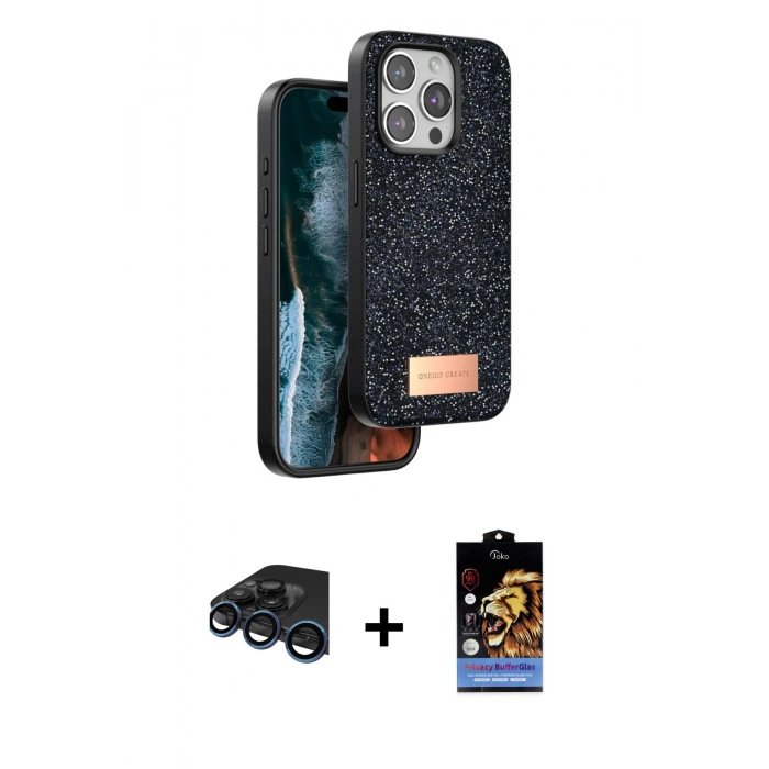 MARSİLYAN™- iPhone 15 Pro Kılıf Vadi Klasik Serisi - Siyah Buffer Hayalet Cam Ekran Koruyucu + Raze Metal Kamera Lens - LT