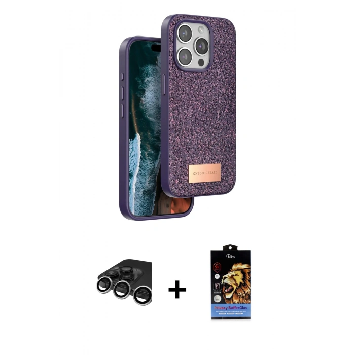 MARSİLYAN™- iPhone 15 Pro Kılıf Vadi Klasik Serisi - Siyah Buffer Hayalet Cam Ekran Koruyucu + Raze Metal Kamera Lens - GS