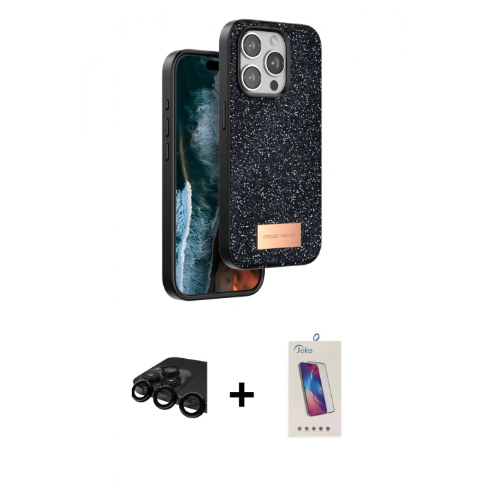 MARSİLYAN™- iPhone 15 Pro Kılıf Vadi Klasik Serisi - Siyah Joko 5D Cam + Raze Metal Kamera Lens - SH