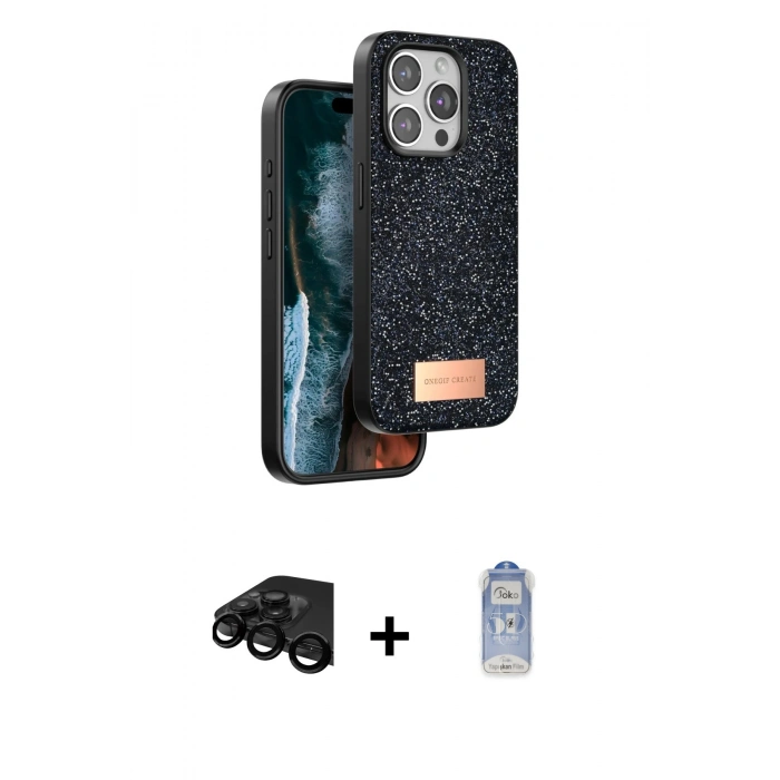 MARSİLYAN™- iPhone 15 Pro Kılıf Vadi Klasik Serisi - Siyah Joko Magic 5D Cam + Raze Metal Kamera Lens - SH