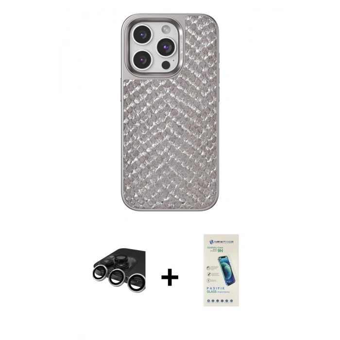 MARSİLYAN™- iPhone 15 Pro Kılıf Vadi Özel Seri - Şeffaf Pasifik Cam Ekran Koruyucu + Raze Metal Kamera Lens - GS