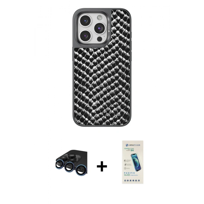 MARSİLYAN™- iPhone 15 Pro Kılıf Vadi Özel Seri - Şeffaf Pasifik Cam Ekran Koruyucu + Raze Metal Kamera Lens - LT