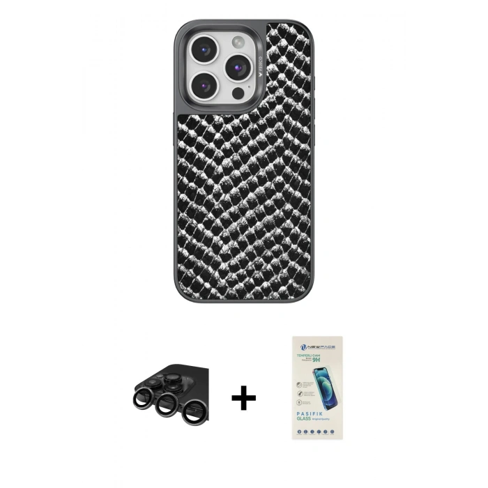 MARSİLYAN™- iPhone 15 Pro Kılıf Vadi Özel Seri - Şeffaf Pasifik Cam Ekran Koruyucu + Raze Metal Kamera Lens - TMGI