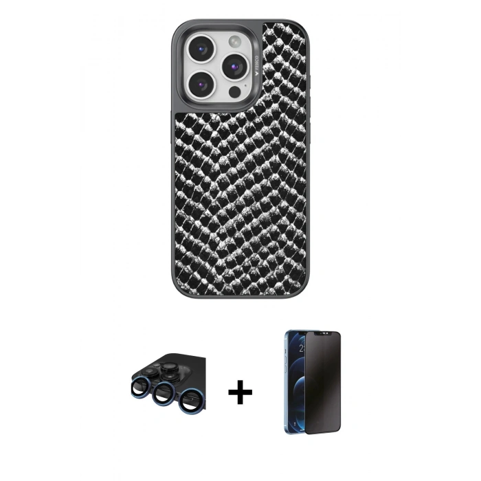 MARSİLYAN™- iPhone 15 Pro Kılıf Vadi Özel Seri - Siyah 3D Antistatik Hayalet Cam Ekran Koruyucu + Raze Metal Kamera Lens - LT