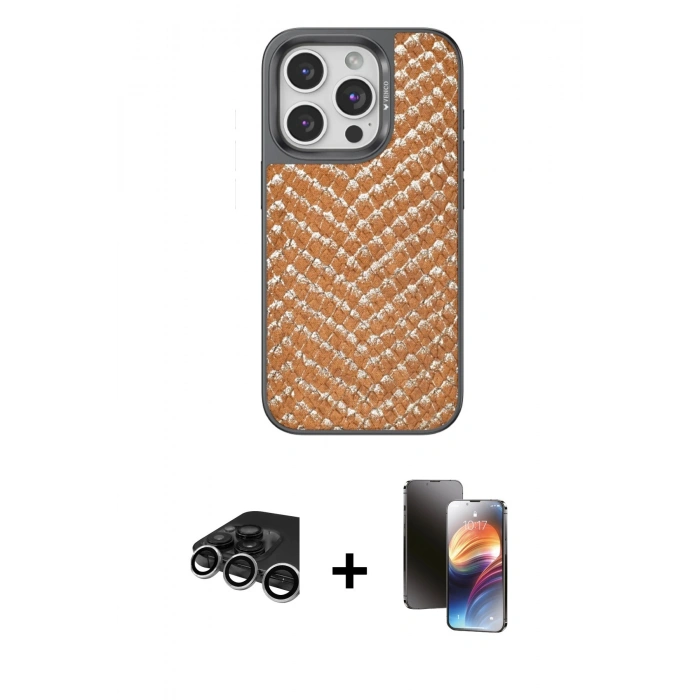 MARSİLYAN™- iPhone 15 Pro Kılıf Vadi Özel Seri - Siyah 3D Antistatik Mat Seramik Nano Ekran Koruyucu + Gümüş Raze Metal Kamera Lens