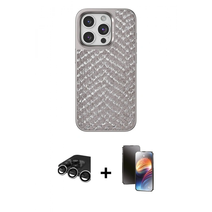 MARSİLYAN™- iPhone 15 Pro Kılıf Vadi Özel Seri - Siyah 3D Antistatik Mat Seramik Nano Ekran Koruyucu + Gümüş Raze Metal Kamera Lens
