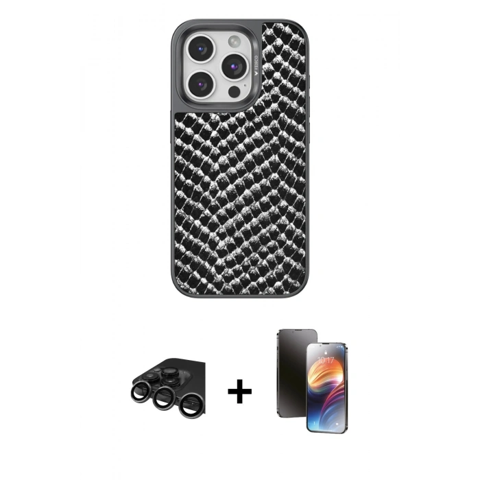 MARSİLYAN™- iPhone 15 Pro Kılıf Vadi Özel Seri - Siyah 3D Antistatik Mat Seramik Nano Ekran Koruyucu + Titanyum Gri Raze Metal Kamera Lens
