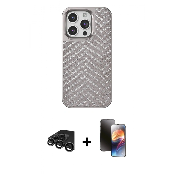 MARSİLYAN™- iPhone 15 Pro Kılıf Vadi Özel Seri - Siyah 3D Antistatik Mat Seramik Nano Ekran Koruyucu + Titanyum Gri Raze Metal Kamera Lens