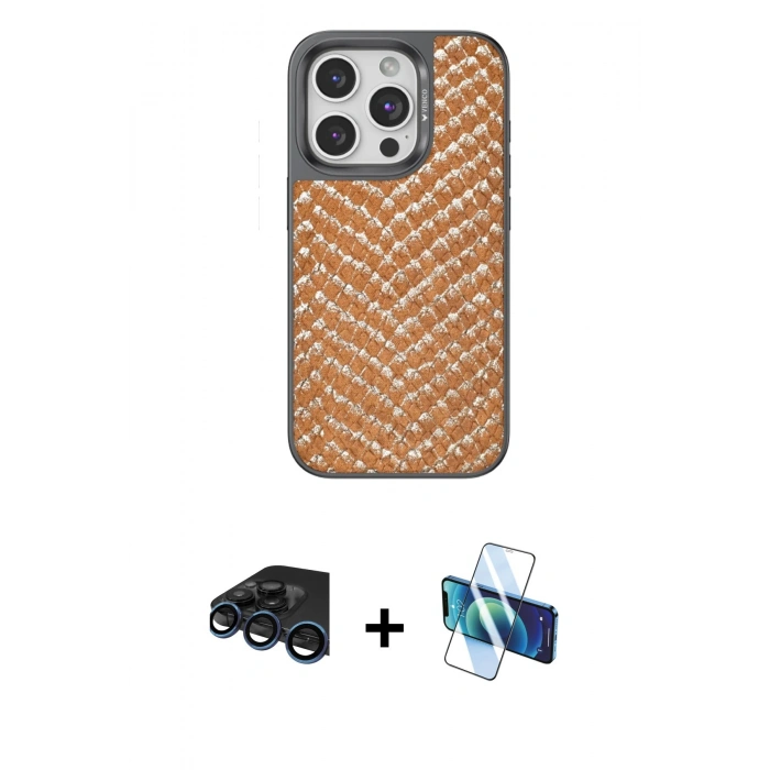 MARSİLYAN™- iPhone 15 Pro Kılıf Vadi Özel Seri - Siyah 3D Antistatik Seramik Nano Ekran Koruyucu + Raze Metal Kamera Lens - LT