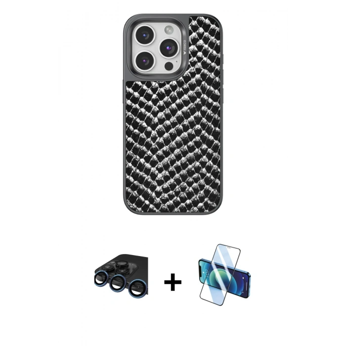MARSİLYAN™- iPhone 15 Pro Kılıf Vadi Özel Seri - Siyah 3D Antistatik Seramik Nano Ekran Koruyucu + Raze Metal Kamera Lens - LT