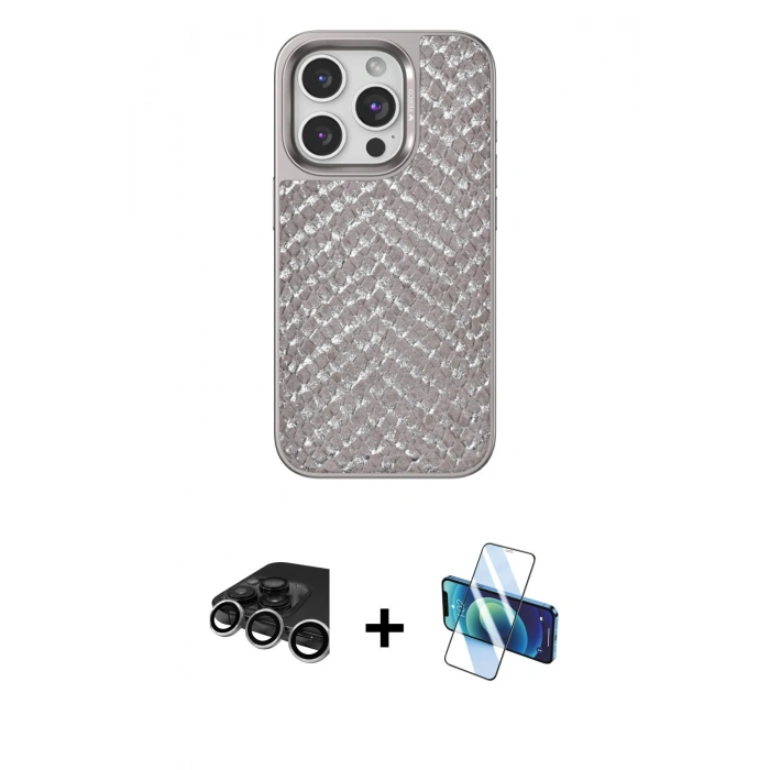 MARSİLYAN™- iPhone 15 Pro Kılıf Vadi Özel Seri - Siyah 3D Antistatik Seramik Nano Ekran Koruyucu + Raze Metal Kamera Lens - GS