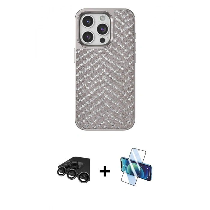 MARSİLYAN™- iPhone 15 Pro Kılıf Vadi Özel Seri - Siyah 3D Antistatik Seramik Nano Ekran Koruyucu + Raze Metal Kamera Lens - TMGI