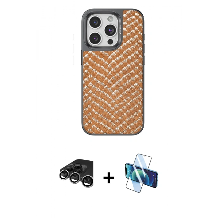 MARSİLYAN™- iPhone 15 Pro Kılıf Vadi Özel Seri - Siyah 3D Antistatik Seramik Nano Ekran Koruyucu + Raze Metal Kamera Lens - GS