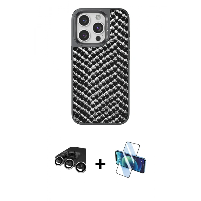 MARSİLYAN™- iPhone 15 Pro Kılıf Vadi Özel Seri - Siyah 3D Antistatik Seramik Nano Ekran Koruyucu + Raze Metal Kamera Lens - GS