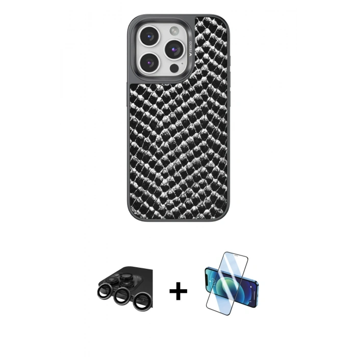 MARSİLYAN™- iPhone 15 Pro Kılıf Vadi Özel Seri - Siyah 3D Antistatik Seramik Nano Ekran Koruyucu + Raze Metal Kamera Lens - TMGI