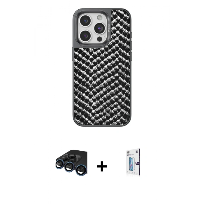 MARSİLYAN™- iPhone 15 Pro Kılıf Vadi Özel Seri - Siyah Bilvis 0.18mm Plus Cam Ekran Koruyucu + Raze Metal Kamera Lens - LT
