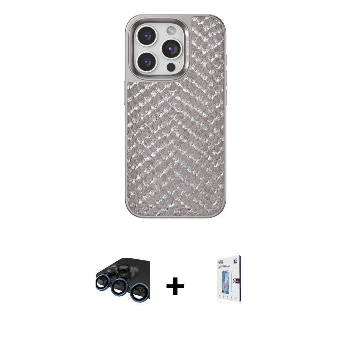 MARSİLYAN™- iPhone 15 Pro Kılıf Vadi Özel Seri - Siyah Bilvis 0.18mm Plus Cam Ekran Koruyucu + Raze Metal Kamera Lens - LT
