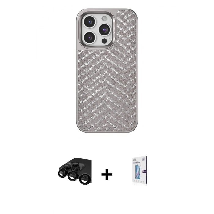 MARSİLYAN™- iPhone 15 Pro Kılıf Vadi Özel Seri - Siyah Bilvis 0.18mm Plus Cam Ekran Koruyucu + Raze Metal Kamera Lens - SH