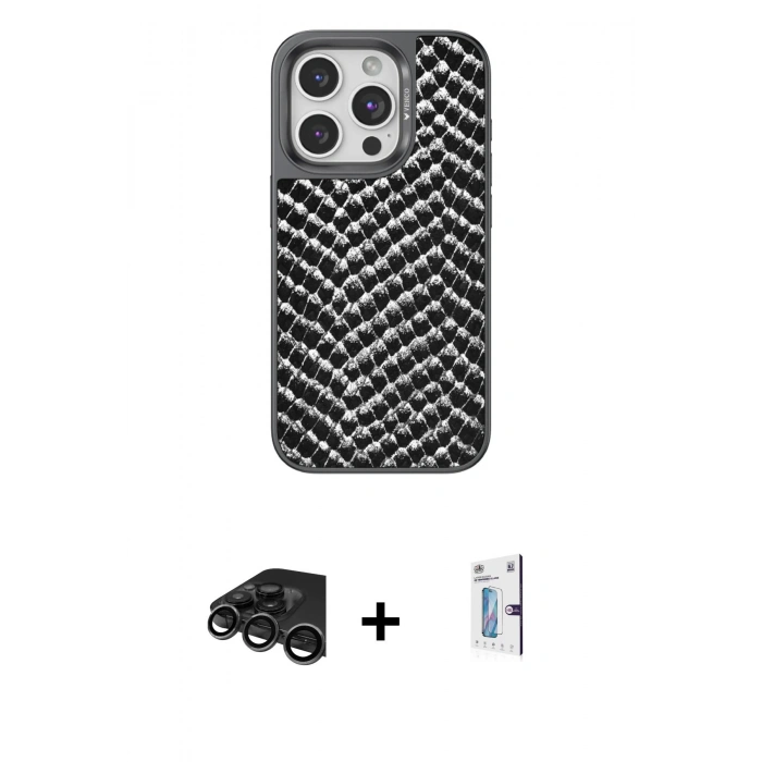 MARSİLYAN™- iPhone 15 Pro Kılıf Vadi Özel Seri - Siyah Bilvis 0.18mm Plus Cam Ekran Koruyucu + Raze Metal Kamera Lens - TMGI