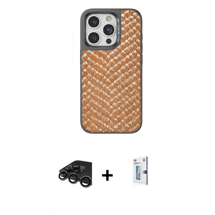 MARSİLYAN™- iPhone 15 Pro Kılıf Vadi Özel Seri - Siyah Bilvis 0.18mm Plus Cam Ekran Koruyucu + Raze Metal Kamera Lens - TMGI