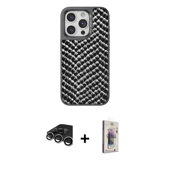 MARSİLYAN™- iPhone 15 Pro Kılıf Vadi Özel Seri - Siyah Bilvis 3D Cam Ekran Koruyucu + Raze Metal Kamera Lens - GS