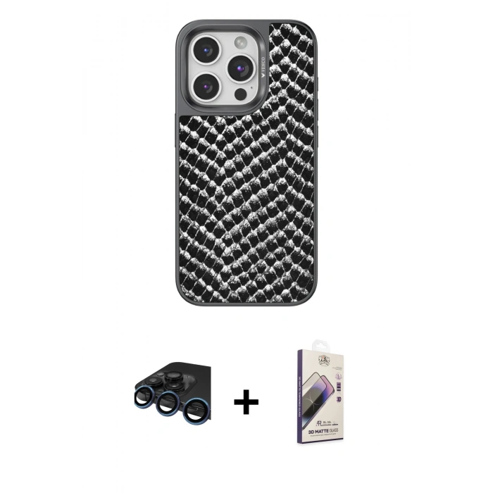 MARSİLYAN™- iPhone 15 Pro Kılıf Vadi Özel Seri - Siyah Bilvis 3D Mat Cam Ekran Koruyucu + Raze Metal Kamera Lens - LT