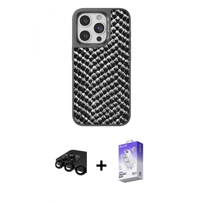 MARSİLYAN™- iPhone 15 Pro Kılıf Vadi Özel Seri - Siyah Bilvis 5in1 3D Magic Cam Ekran Koruyucu + Raze Metal Kamera Lens - SH