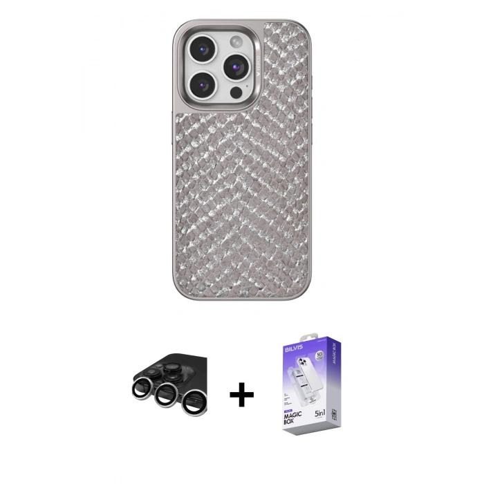 MARSİLYAN™- iPhone 15 Pro Kılıf Vadi Özel Seri - Siyah Bilvis 5in1 3D Magic Cam Ekran Koruyucu + Raze Metal Kamera Lens - GS