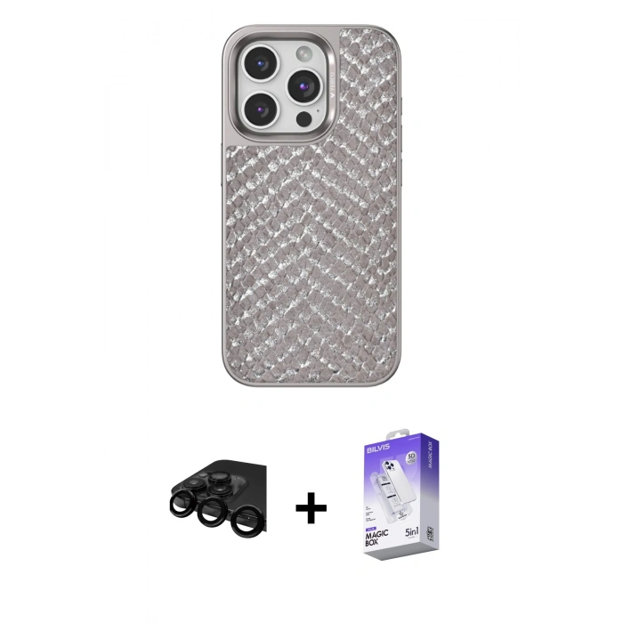 MARSİLYAN™- iPhone 15 Pro Kılıf Vadi Özel Seri - Siyah Bilvis 5in1 3D Magic Cam Ekran Koruyucu + Raze Metal Kamera Lens - SH